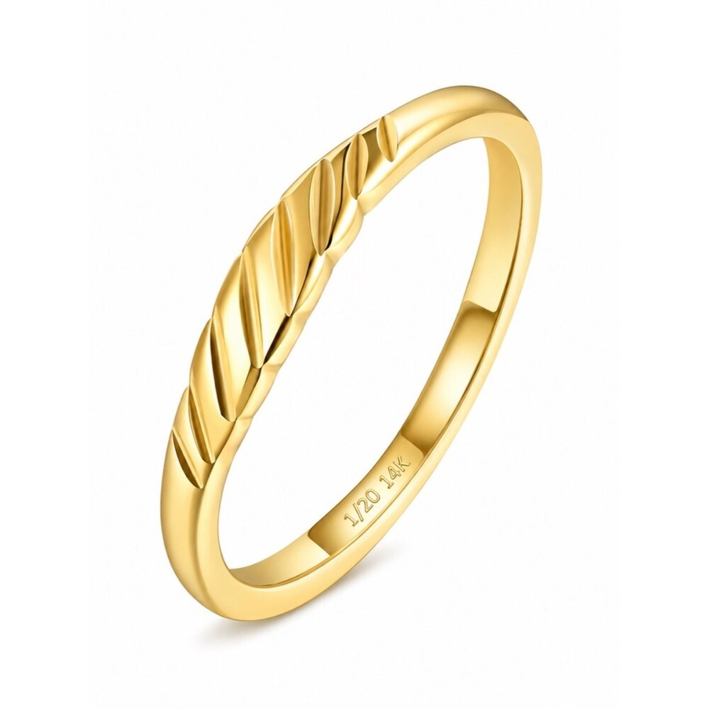 14K Gold Croissant Twist Ring Dainty Ribbed Stacking Wedding Band Size 4-10